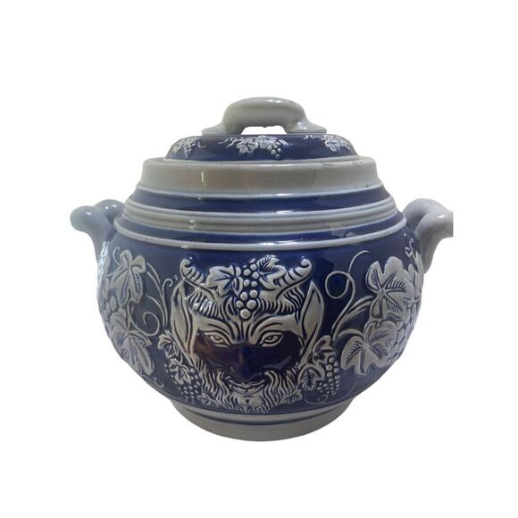 Keramic Blue White Ceramic Stoneware Two Faces Good Evil Punch Bowl and 5 Cups - Picture 2 of 9